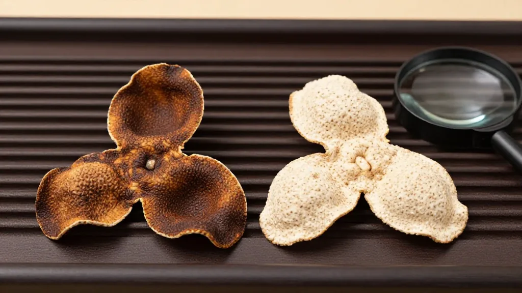 茶盤上真假陳皮對比，正宗新會陳皮色澤深沉，假冒工藝皮色澤淺淡