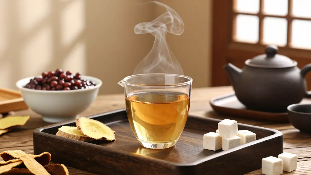 溫暖茶室，陳皮茶湯金黃，養生食療場景