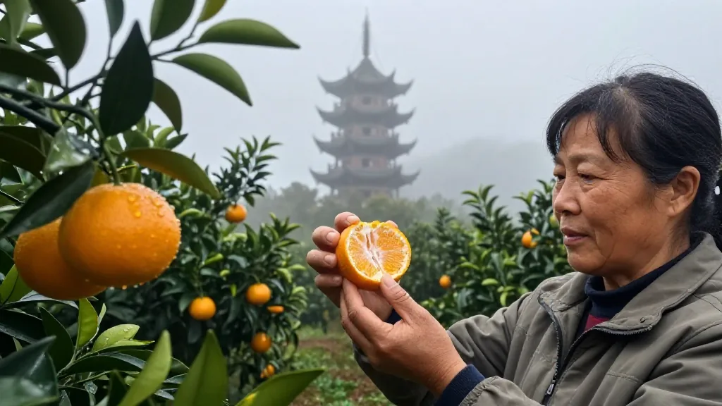 清晨茶坑村柑園，薄霧中的柑樹與凌雲塔