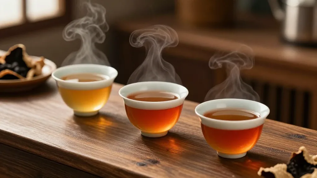 夜晚茶室，三杯不同年份陳皮茶湯顏色對比