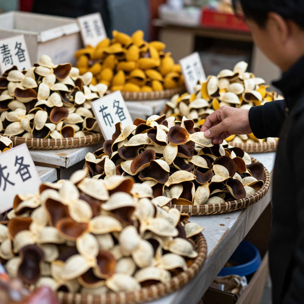 新會陳皮市場攤位上不同年份與產地的陳皮