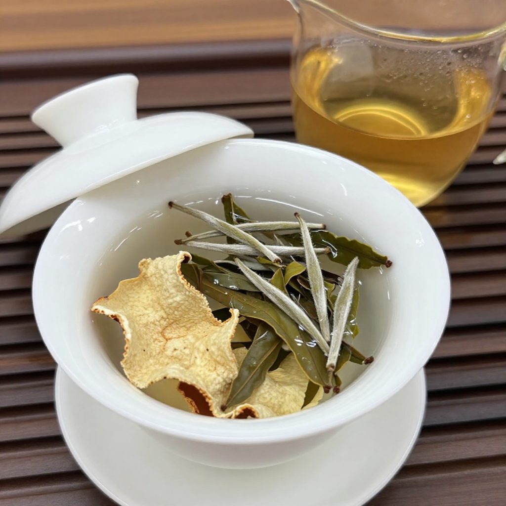 新會陳皮白茶沖泡：蓋碗中三年陳皮配壽眉白茶，蜜黃茶湯