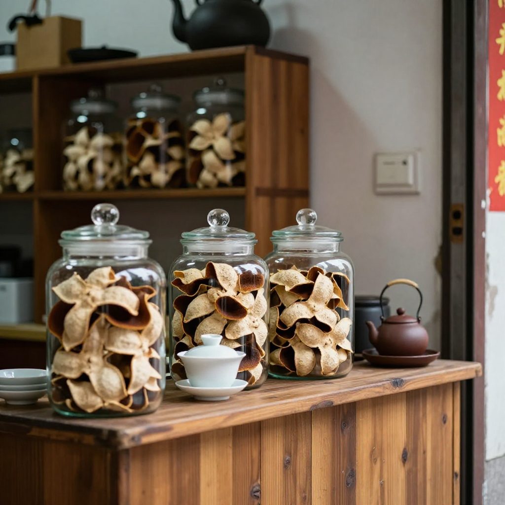 新會陳皮村小店茶桌：陳皮罐、蓋碗與陶壺