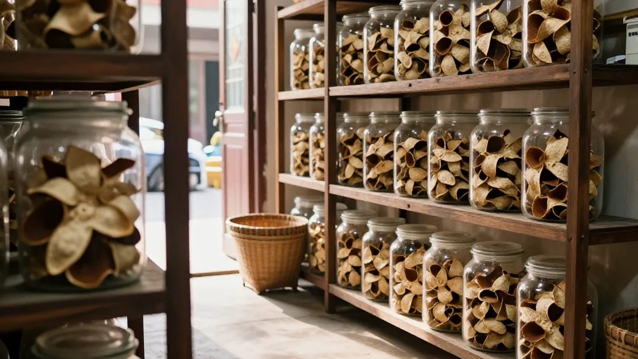 新會陳皮店內：玻璃罐裡的老陳皮與木架，暖色燈光