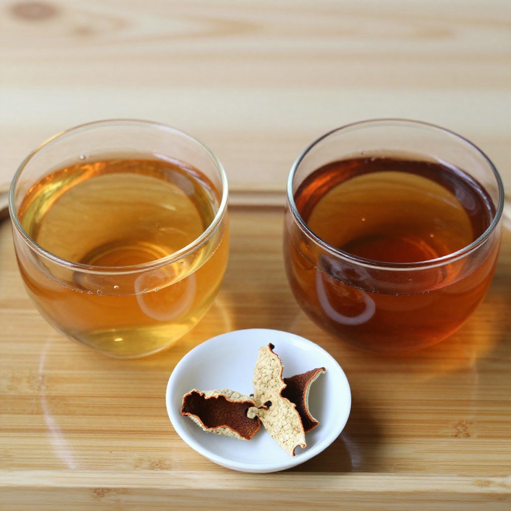 新會陳皮茶湯對比：左邊橙黃透亮，右邊渾濁深褐
