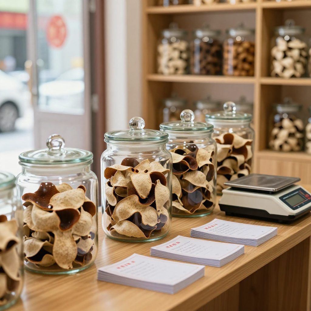 新會陳皮店內：玻璃罐中不同年份的陳皮與電子秤